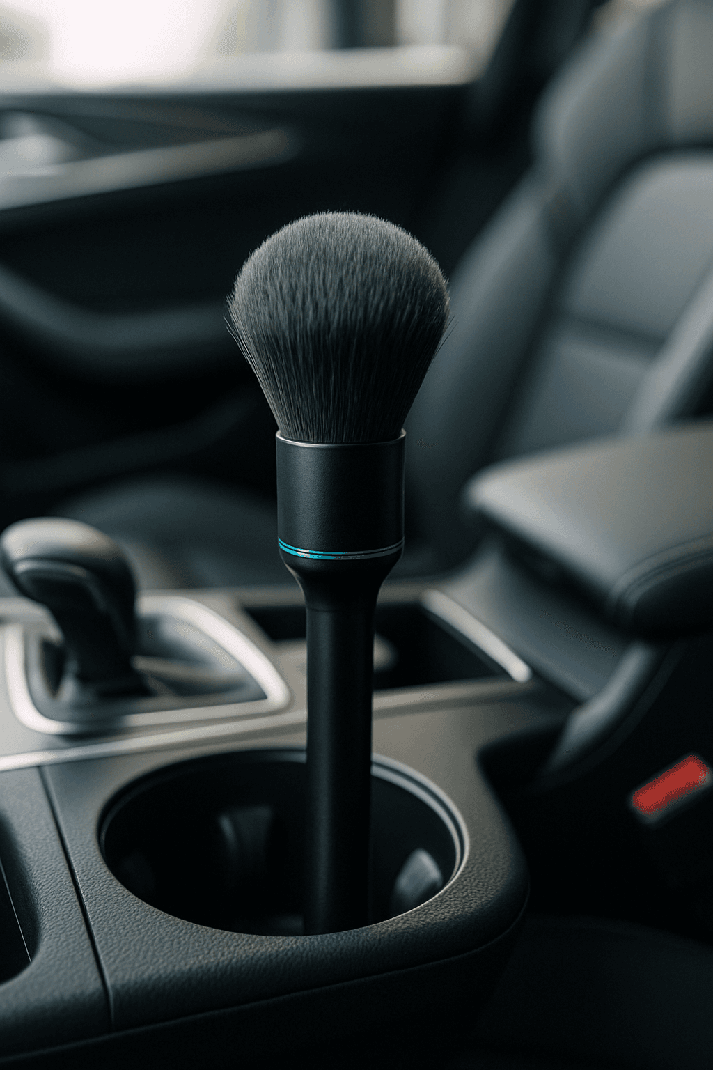 The brush resting in a clean car cupholder