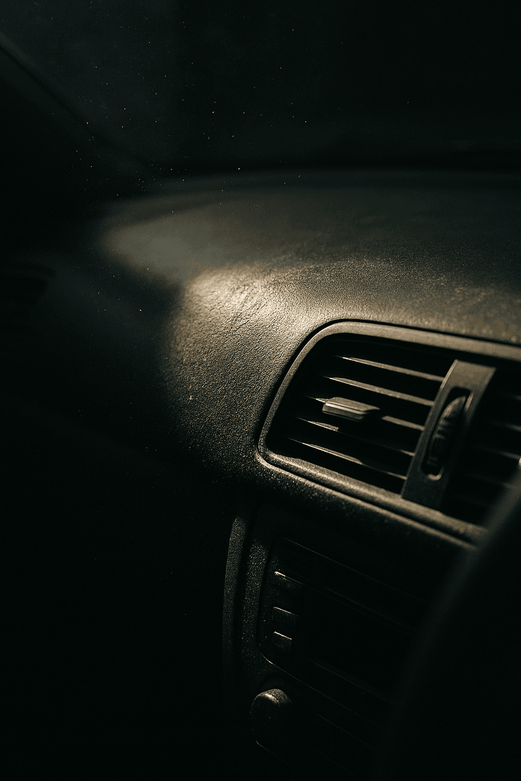 Dust revealed on a car dashboard in low sunlight