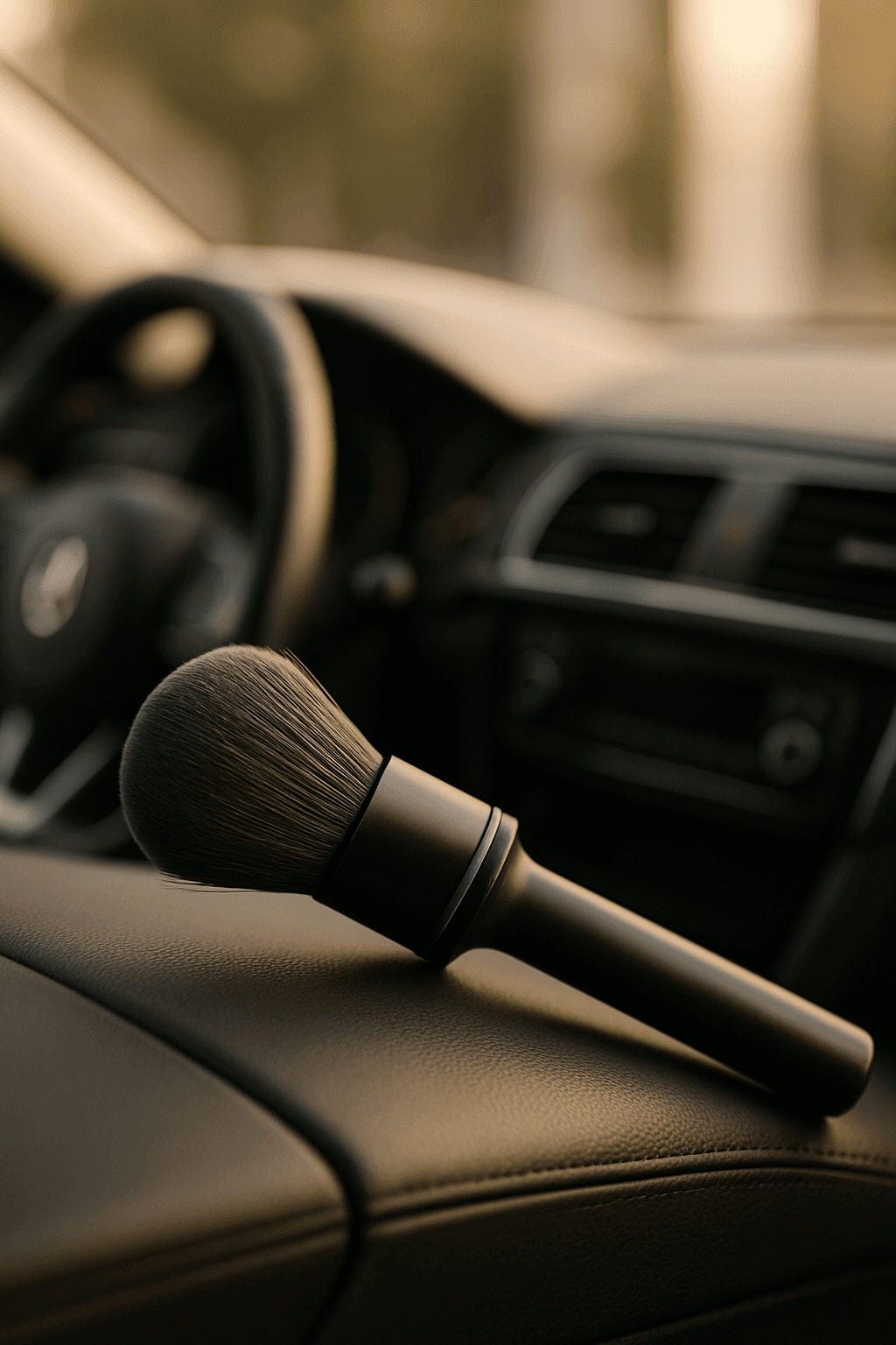 VANTL detailing brush resting on a clean car dashboard