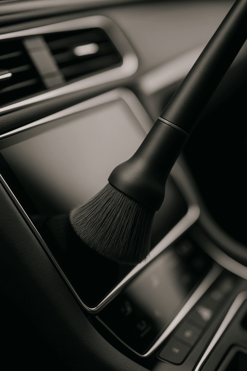 Soft brush gliding safely across a car infotainment touchscreen