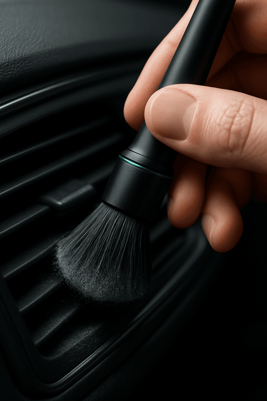 Hand sweeping dust from a car air vent with the brush